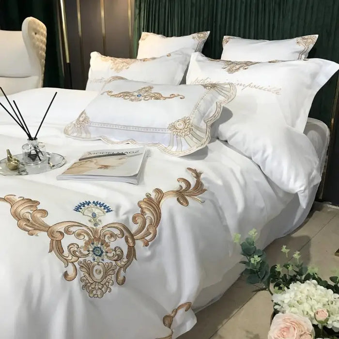 White Satin Cotton Bedding Sets Luxury Gold Embroidered Quilt/Duvet Cover Flat/Fitted Bed Sheet Pillowcase Queen King Size