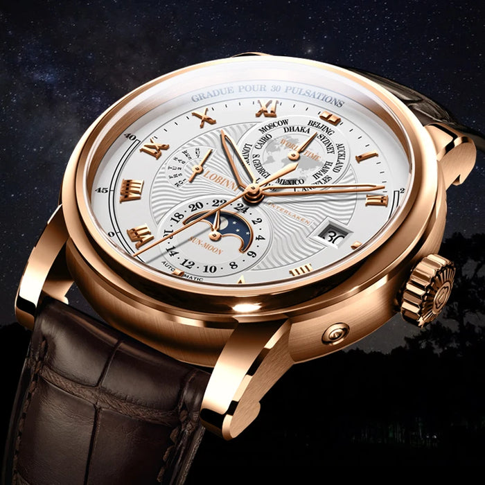 Switzerland LOBINNI Men Watch Luxury Brand Moon Phase Automatic Mechanical Men's Wirstwatches Sapphire Leather Seagull Movement