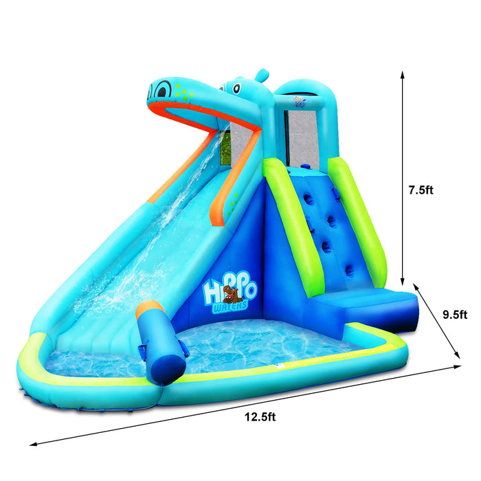 Inflatable Kids Hippo Bounce House Slide Climbing Wall Splash Pool w/740W Blower