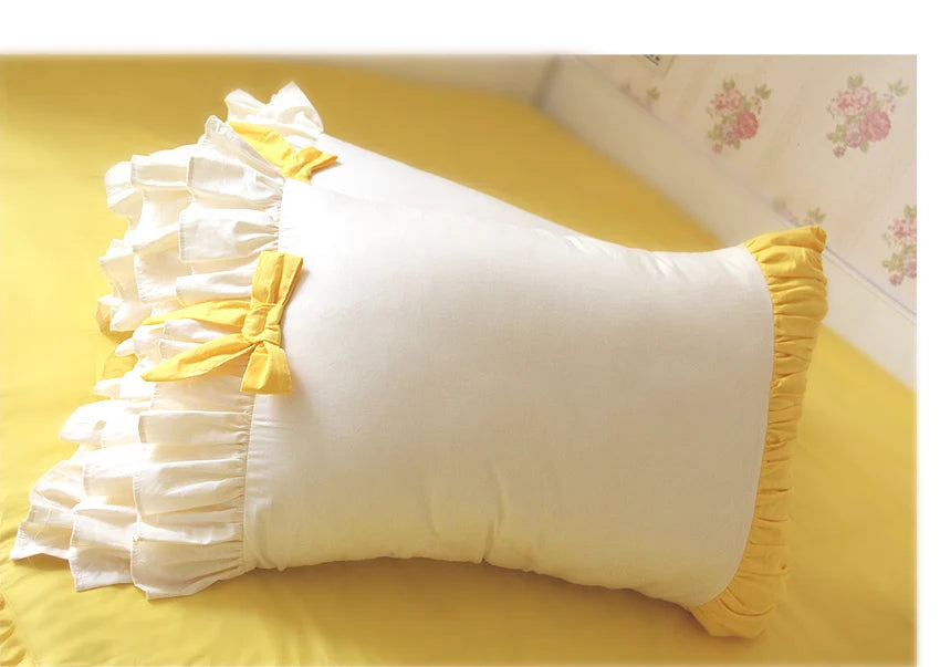 Yellow White Ruffle Bows Luxury Bedding Sets King Queen Size Cotton Princess Duvet Cover Bedsheets Sets Europe Comforter Sets