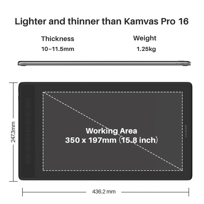 HUION Kamvas Pro 16 2.5K Drawing Monitor 145% sRGB QHD Screen Graphics Tablet Display 15.8 Inch Full Laminated Battery Free Pen