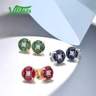 VISTOSO Gold Stud Earrings For Lady Pure 14K 585 Yellow Rose White Gold Marquise Emerald Blue Sapphire Ruby Elegant Fine Jewelry