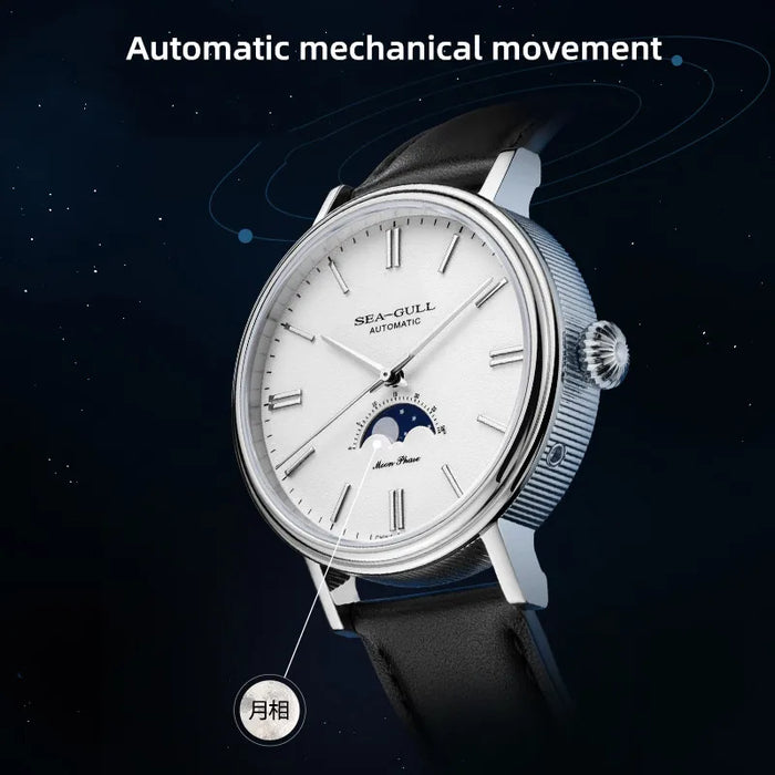 New Seagull Automatic Mechanical Watch Moon Phase Leather Casual Business Wristwatch Mechanical Relojes Hombre 819.12.6136