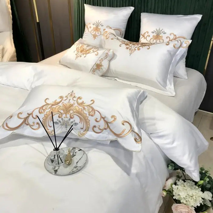 Chic Embroidery Bedding Set Luxury White Satin Cotton Duvet Cover Flat/Fitted Bed Sheet Pillowcases Home Textile