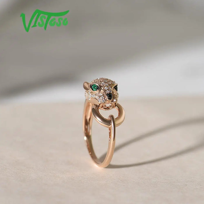 VISTOSO Gold Ring For Women Genuine 14K 585 Rose Gold Leopard Ring Emerald Sparkling Diamond Engagement Anniversary Fine Jewelry