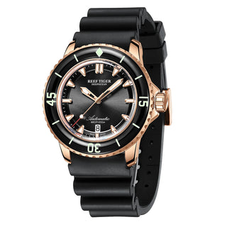 Reef Tiger/RT Top Brand Watch For Men Mechanical Dive Watches Rose Gold Rubber Strap Luminous Waterproof Watch RGA3035