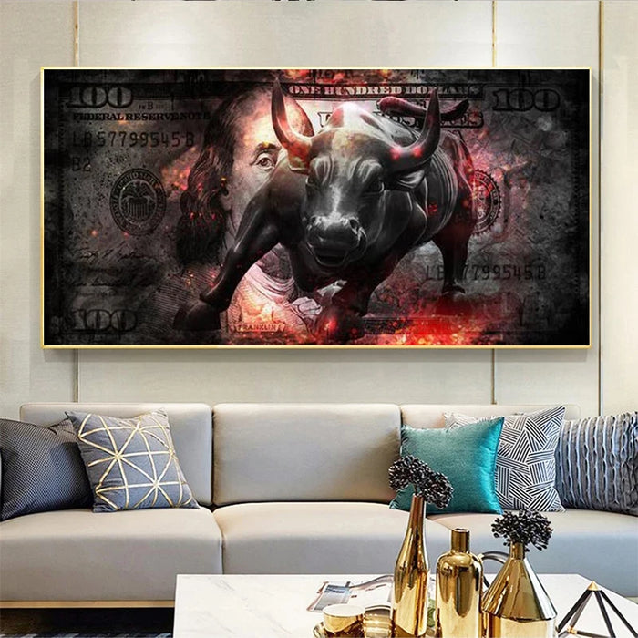 Large Dollar Bull Wall Art Canvas Print Dollar Bull Statue Pop Art Painting Posters and Prints Modern Art Pictures Home Decor