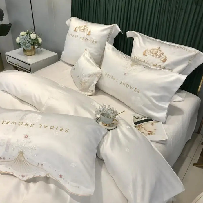 White Crown Embroidery Bedding Set Luxury Europe Jacquard Satin Cotton Quilt/Duvet Cover Bedspread Bed Sheet Pillowcase