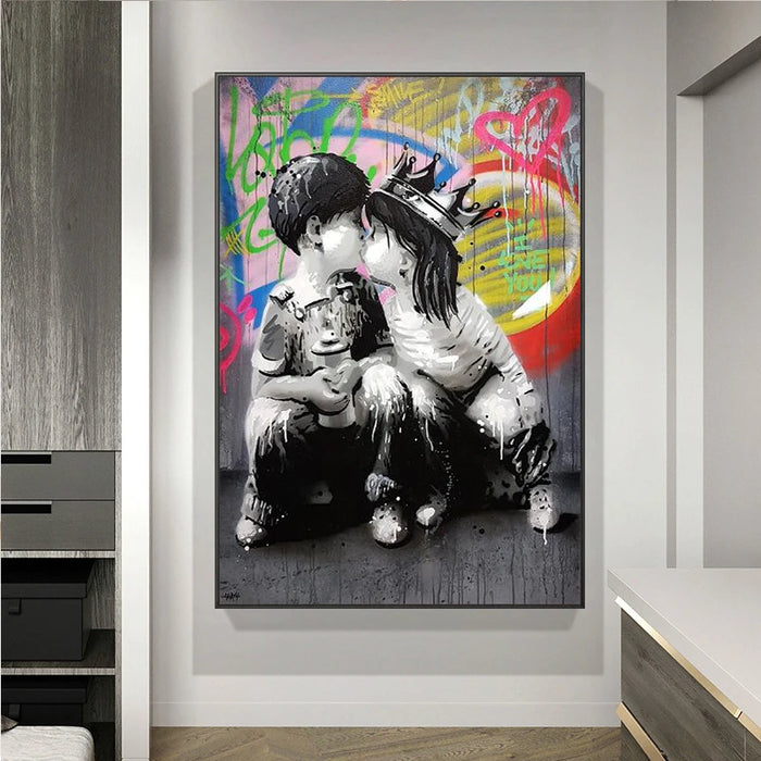 Graffiti Boy and Girl kissing Wall Art Canvas Posters And Prints Kissing Street Art Paintings On the Wall Pictures Home Decor