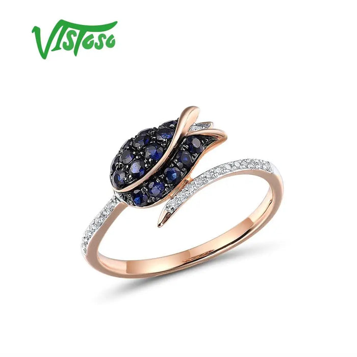 VISTOSO Jewelry Set For Woman Pure 14K 585 Rose Gold Sparkling Blue Sapphire Diamond Tulip Earrings Ring Set Fine Jewelry