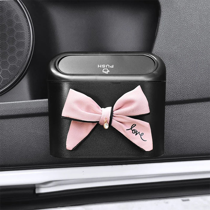 Cute Bowknot Car Trash Bin Hanging Vehicle Garbage Dust Case Storage Box Pressing Type Trash Can Auto Car Interior Accessories