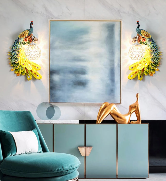 American Peacock Wall Lamp Living Room Bedroom Resin Lighting Bar Aisle Stair Sconces Creative TV Wall Decorations