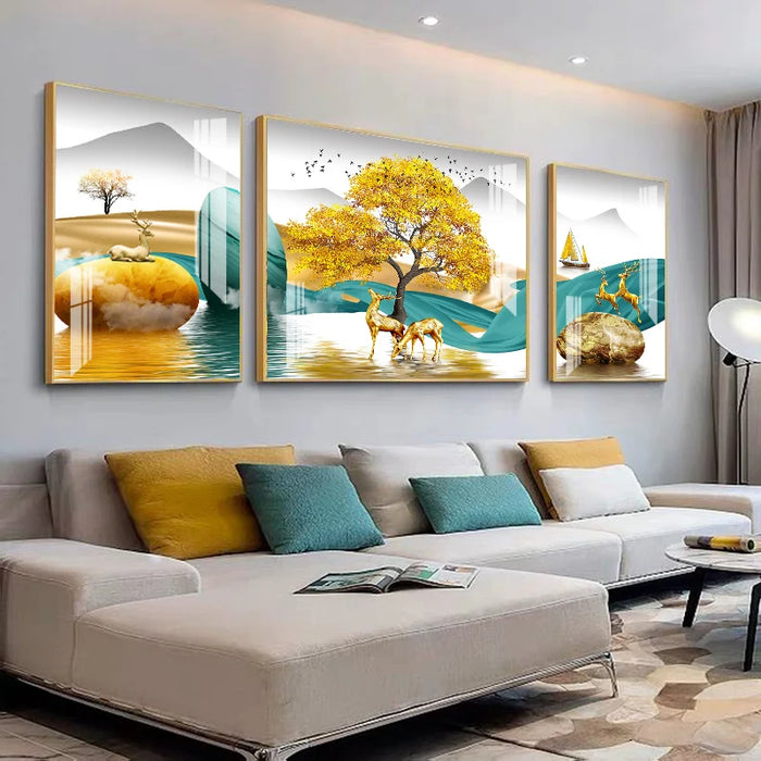 TTLiving RoomDecorative Painting Modern Minimalist Sofa Wall PaintingAtmospheric Crystal Porcelain Painting Three-Piece Painting