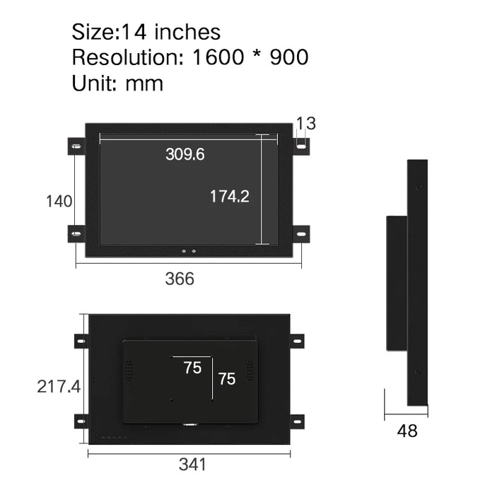 14" Industrial Computer Monitor 14 Inch Desktop Screen VGA DVI USB HDMI-Interface Resistive Touch Host Display