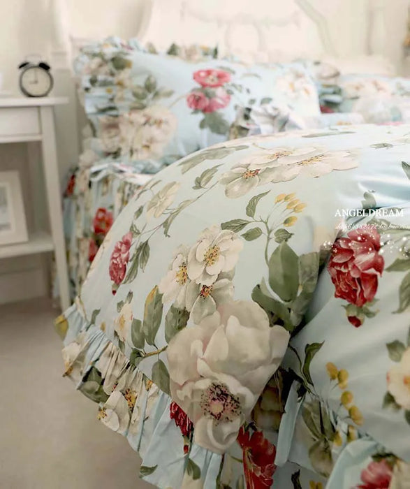 Korean 100% Cotton Floral Bedding Set Flounced Rural European Garden Cotton 4pcs Set Cake Layer Ruffles Duvet Cover King Queen