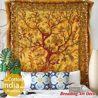 Tree of Life Mandala Tapestry Wall Hanging 100%Cotton Handmade in India Screen Print Boho Tapestries Bedsheet 210x230CM
