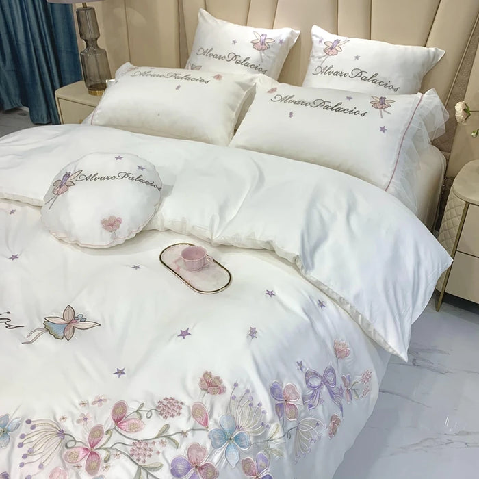 Korean White Floral Embroidery Lace Princess Bedding Set Luxury Egyptian Cotton Duvet Cover Bed Sheet Bedspread Pillowcases