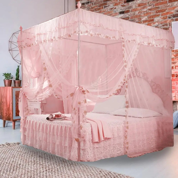 Bedroom Mosquito Netting Luxury Princess Canopy Bed Curtains 4 Corner 3 Side Openings Post Bed Curtain Bedding No Bracket