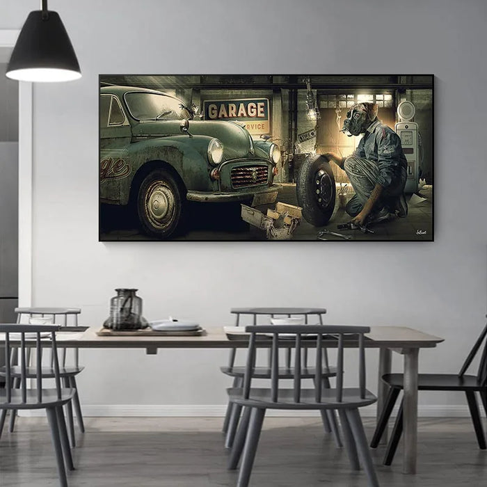 Dog Repairing The Car Pictures Print Canvas Cool Bulldog Art Posters and Prints Modern Wall Pictures for Living Room Home Decor