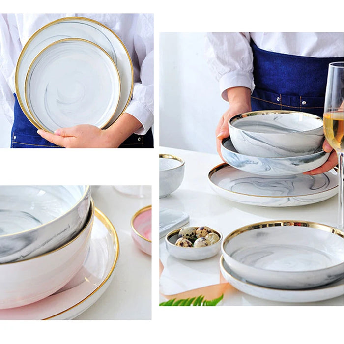 Marble Pattern Ceramic Bowl Phnom Penh Round Salad Steak Dinner Plates Family Soup Bowl Creative Nordic Dessert Tableware Set