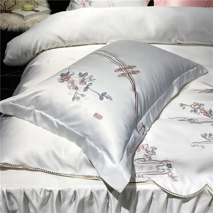 Flowers Birds Embroidery Duvet Cover Bed Sheet Pillowcases White Satin Cotton Solid Bedding Bedspread Bed Skirt Set Luxury