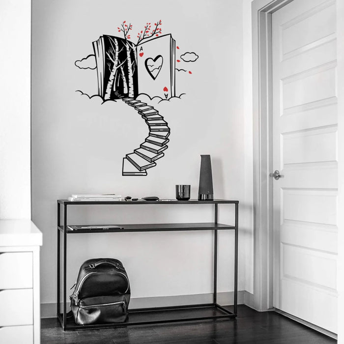 Cartoon Stairs Books Trees Hearts Mad Hatters Wall Decal Library Playroom Kids Room Alice Tea Party Wall Sticker Bedroom Vinyl