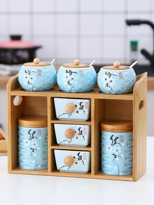 Glass Spice Jar Set Storage Tank Kitchen Accessories Ceramic Seasoning Jar Set Ceramics Tea Box Wood Rack Holder Salt Bot