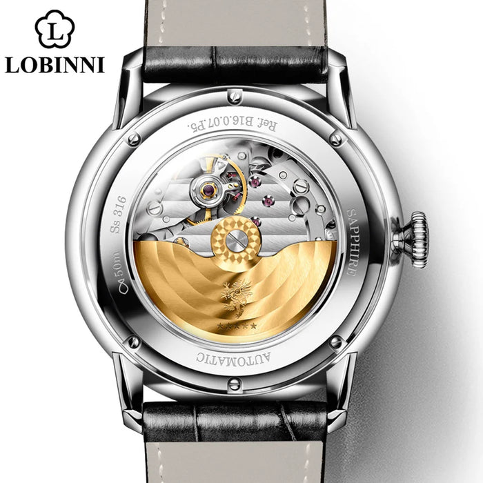 LOBINNI Men Japan Automatic Mechanical Watch Transparent Skeleton Mens Watches Luxury Mens Watches Top Brand Leather Male Clock