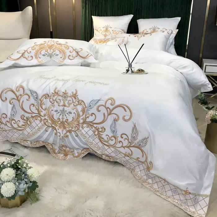 Chic Embroidery Bedding Set Luxury White Satin Cotton Duvet Cover Flat/Fitted Bed Sheet Pillowcases Home Textile