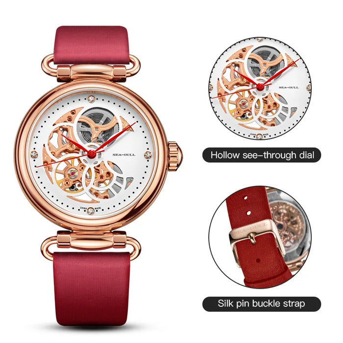 Seagull Fashion Women's Watch Leather Strap Waterproof Automatic Full Hollow Mechanical For Women Watch 811.11.6002