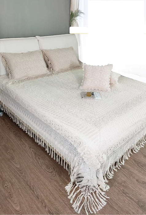 Crochet Handmade Luxury 100%cotton Bedding 3pcs Set KING White BedCover Coverlet Sets Bed Sheet Pillowcase Beige Bedspread