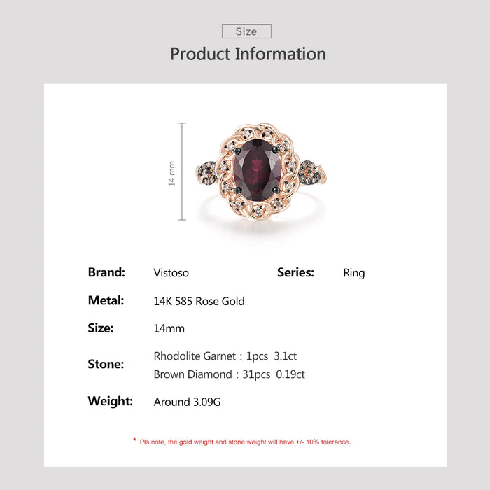 VISTOSO Pure 14K 585 Rose Gold Ring For Women Sparkling Rhodolite Garnet Brown Diamond Solitaire Ring Gorgeous Fine Jewelry