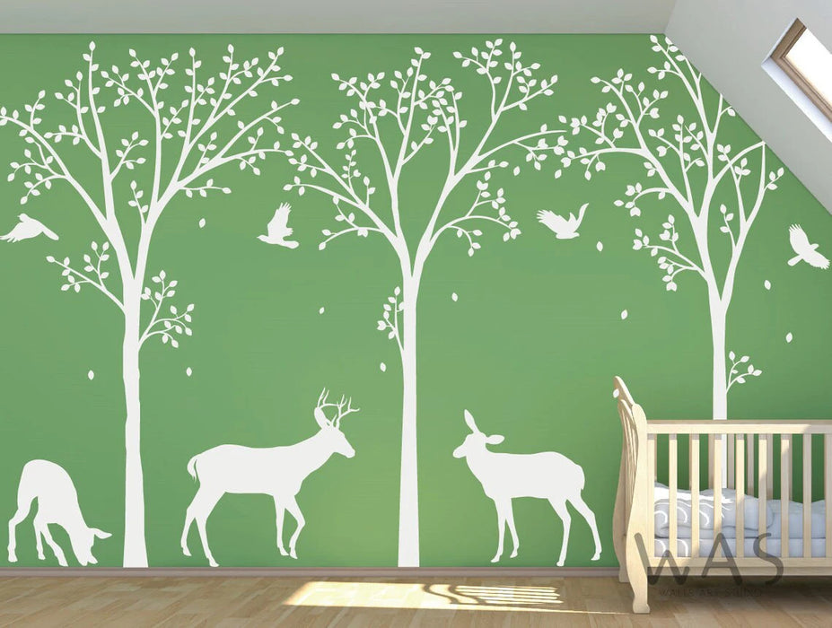 Large Birch Tree Deer Bird Wall Sticker Living Room Baby Nursery Jungle Woodland Wildlife Forest Animal Wall Decal Bedroom Vinyl