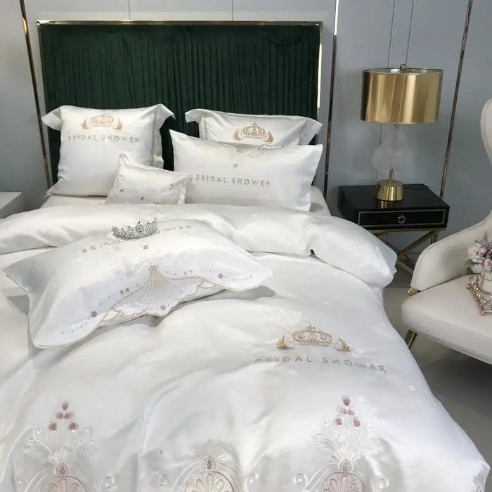 White Jacquard Bedding Set Luxury 4pcs Royal Embroidery Soft Satin Cotton Duvet Cover Fitted or Flat Bed Sheet Pillowcases