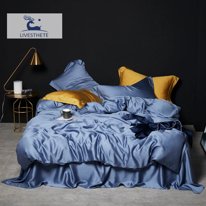 Liv-Esthete Noble 100% Silk Blue Bedding Set Healthy Pure Silk Luxury Queen King Duvet Cover Flat Sheet Pillowcase Free Shipping