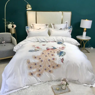 White Flower Bird Embroidery Bedding Sets 4pcs Satin Cotton Duvet Cover Fitted Bed Sheet Bedspread Pillowcase Home Textile