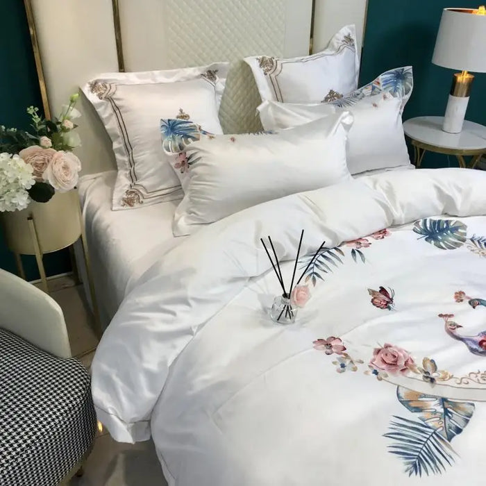 Solid Color Flowers Birds Embroidery Bedding Set Luxury White Satin Duvet Cover Bed Sheet Bedspread Pillowcases Home Textile