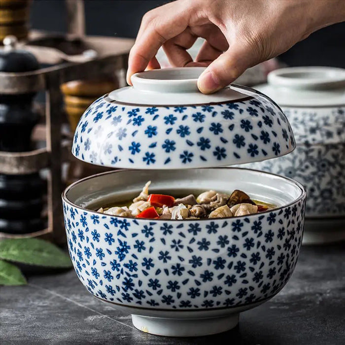 Ceramic Home Bowl with Lid, Antique Cyan Glaze, Instant Noodle, Soup and Ramen Bowl, Japanese-style Household Bowl with Lid