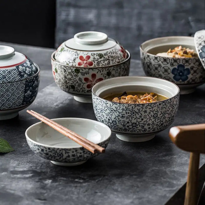 Ceramic Home Bowl with Lid, Antique Cyan Glaze, Instant Noodle, Soup and Ramen Bowl, Japanese-style Household Bowl with Lid