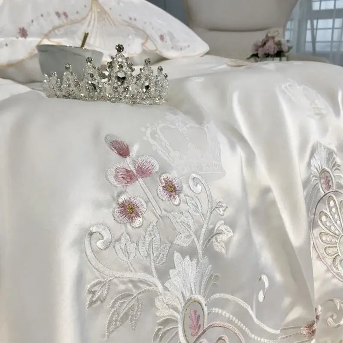 White Jacquard Bedding Set Luxury 4pcs Royal Embroidery Soft Satin Cotton Duvet Cover Fitted or Flat Bed Sheet Pillowcases