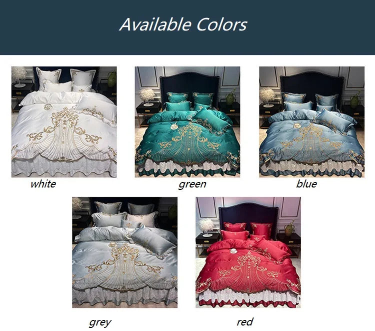 Brand Luxury Satin Egyptian Cotton Bedding Set Gold Embroidery Europe Palace Duvet Cover Bedsheet Lace Bed Skirt Pillowcase