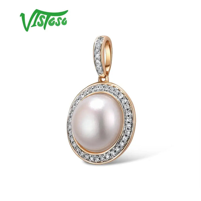 VISTOSO Gold Pendant For Women Pure 14K 585 Rose Gold Sparkling Diamond Elegant Fresh Water Pearl Pendant For Lady Fine Jewelry