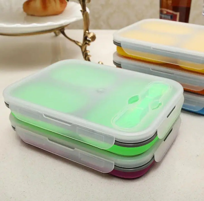 Collapsible Silicone Lunchbox Bento Folding Portable Bento Box With Fork 3 Grids Microwave Dinnerware Tools SN2103