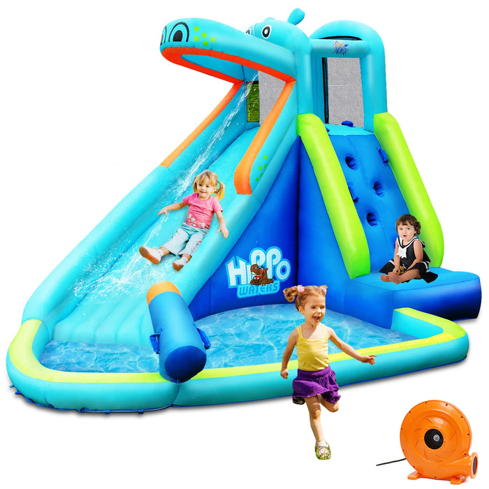 Inflatable Kids Hippo Bounce House Slide Climbing Wall Splash Pool w/740W Blower