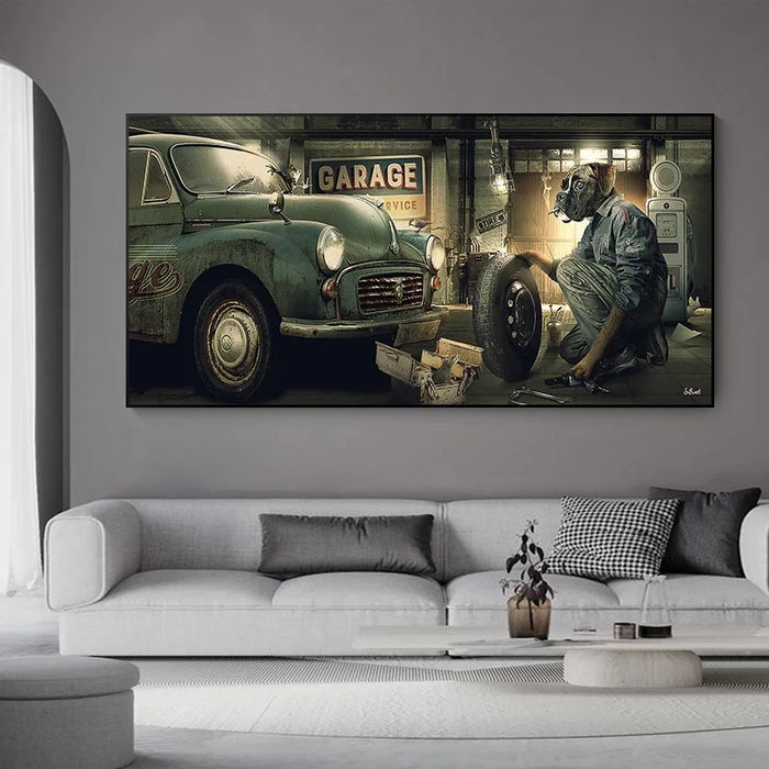 Dog Repairing The Car Pictures Print Canvas Cool Bulldog Art Posters and Prints Modern Wall Pictures for Living Room Home Decor