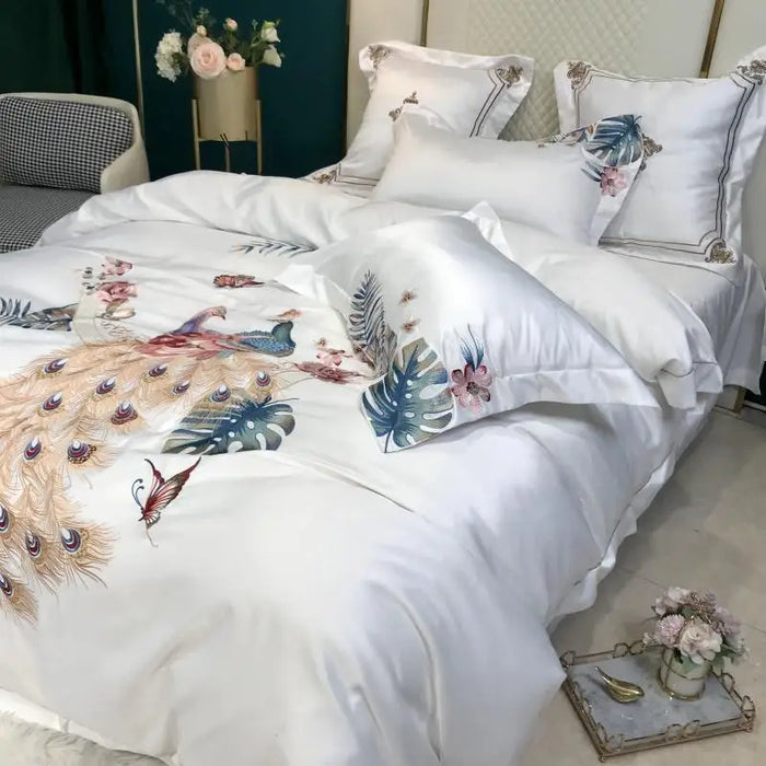 Solid Color Flowers Birds Embroidery Bedding Set Luxury White Satin Duvet Cover Bed Sheet Bedspread Pillowcases Home Textile