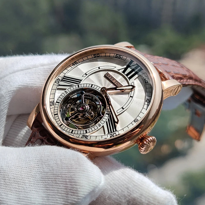 Reef Tiger/RT Casual Designer Watch for Men Tourbillon Automatic Watch with Alligator Strap Luxury Rose Gold Watches RGA1999