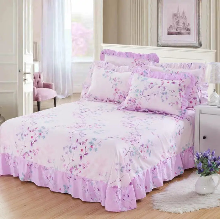 100% Pure Cotton Ruffled Soft Bed Sheet Purple Large Bedsheet Queen King size Bedsheet with Two Pillow Covers Flat sheet