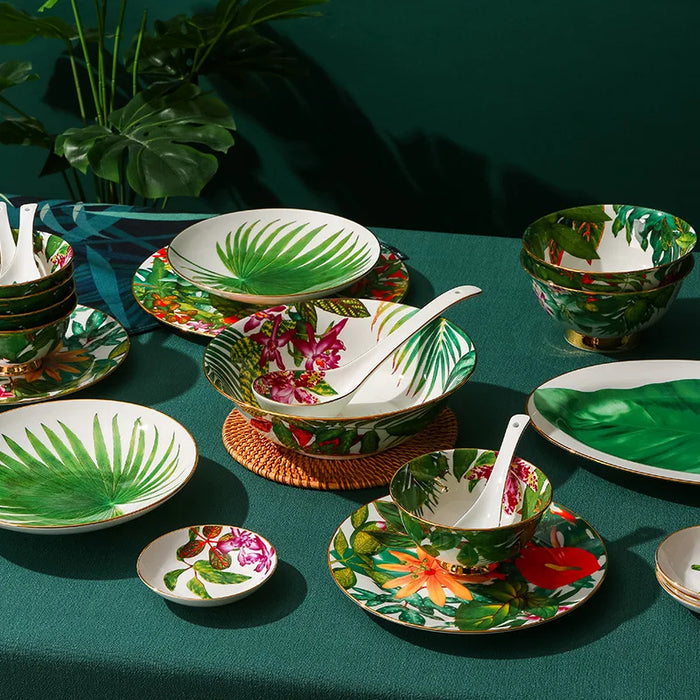 Dinnerware Set Jungle Tableware Set Bone China Big Fish Plate Soup Bowl 28pcs /set Golden Rim Rice Bowl Flat Plate Flower Design