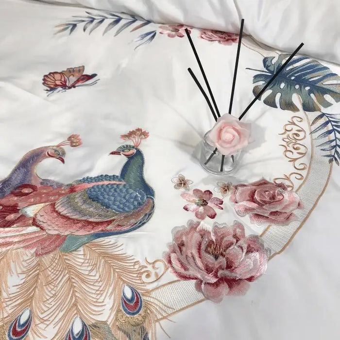 White Flower Bird Embroidery Bedding Sets 4pcs Satin Cotton Duvet Cover Fitted Bed Sheet Bedspread Pillowcase Home Textile